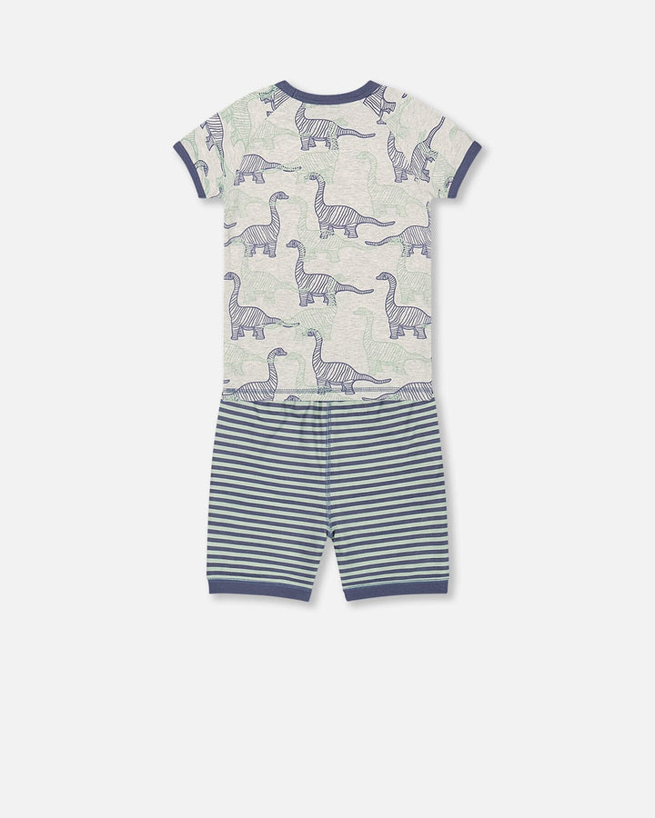 Organic Cotton Two Piece Short Pajama Set Heather Beige Printed Dinosaurs