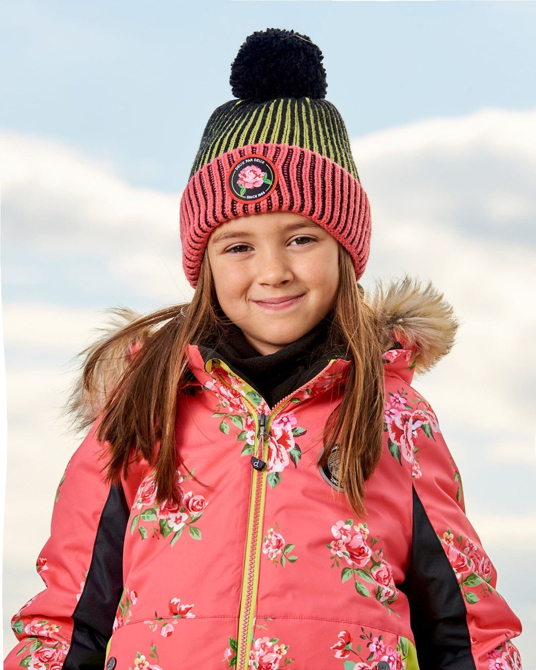 Knit Hat Black, Lime And Coral