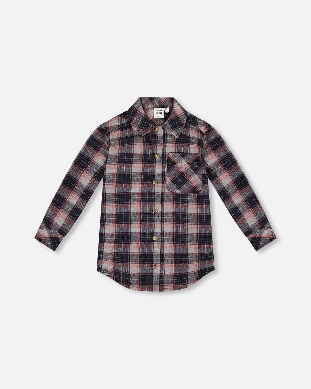 Long Sleeve Button Front Tunic Flannel Shirt Plaid Navy And Pink