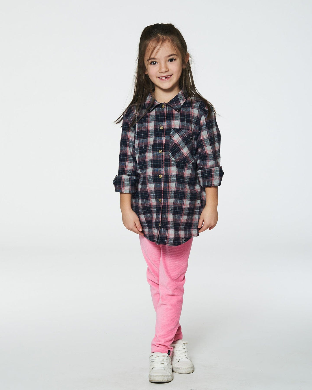 Long Sleeve Button Front Tunic Flannel Shirt Plaid Navy And Pink