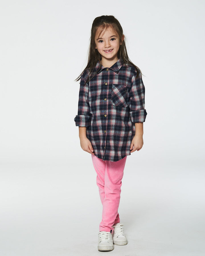 Long Sleeve Button Front Tunic Flannel Shirt Plaid Navy And Pink