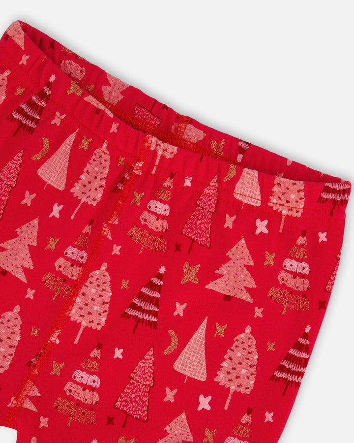 Organic Cotton Two Piece Pajama Set Red Printed Christmas Tree