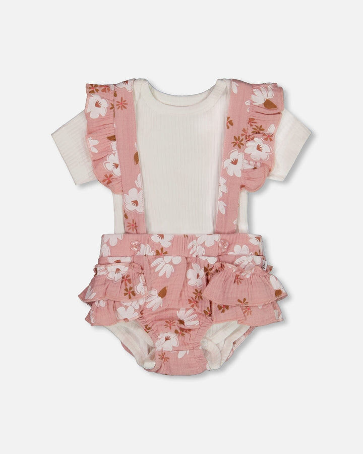 Printed Muslin Short And Organic Cotton Bodysuit Set Pink And White Flowers