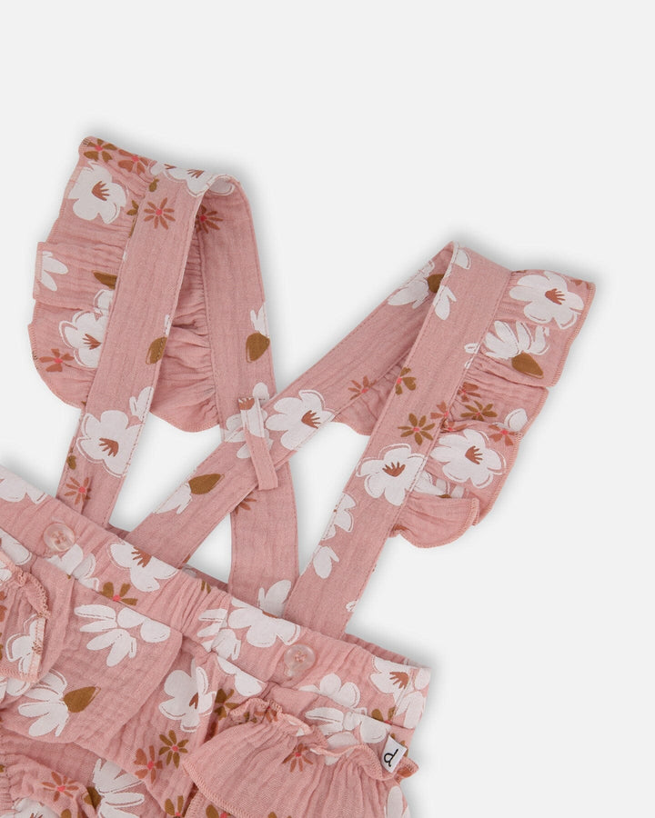 Printed Muslin Short And Organic Cotton Bodysuit Set Pink And White Flowers