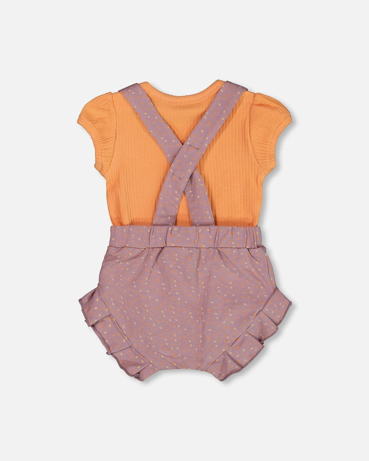 Printed Organic Cotton Onesie And Shortall Set Orange And Purple
