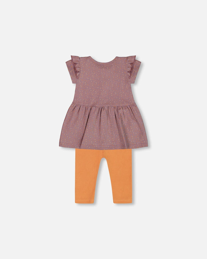 Printed Organic Cotton Dress And Solid Leggings Set Orange And Purple
