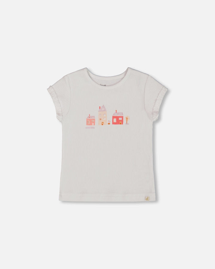 Flat Back Rib Top With Print White And Pink House
