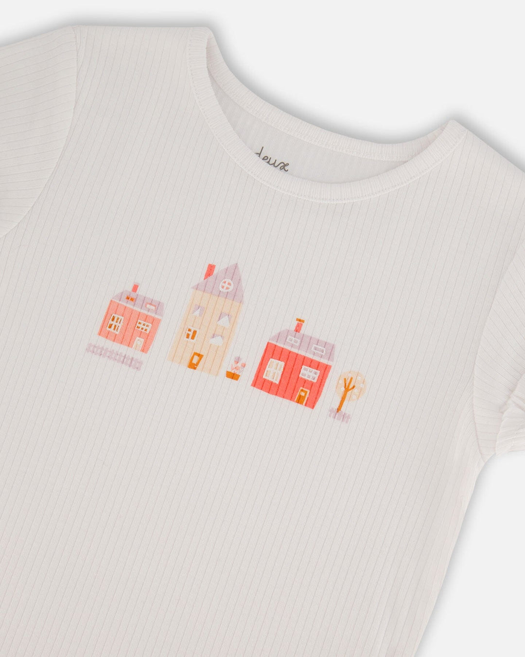 Flat Back Rib Top With Print White And Pink House