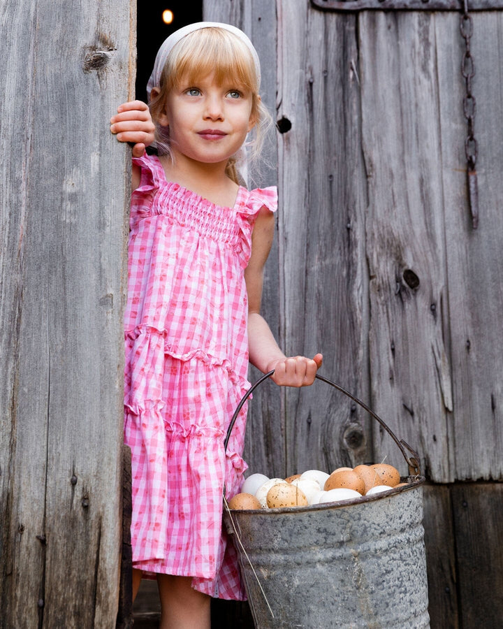 Smocked Layered Dress With Frill Sleeve Checked Pink