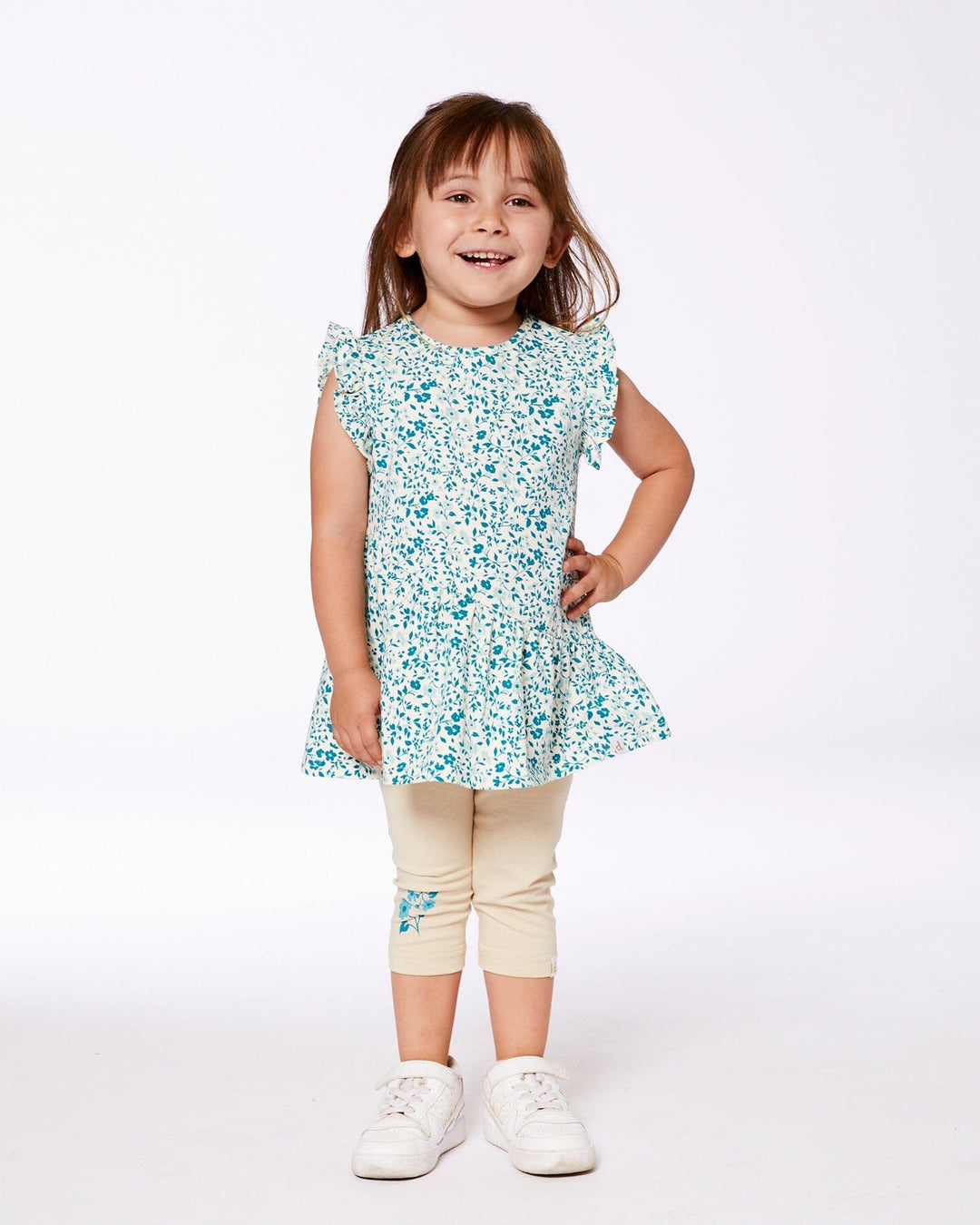 Printed Organic Cotton Tunic Top Small Turquoise Flowers