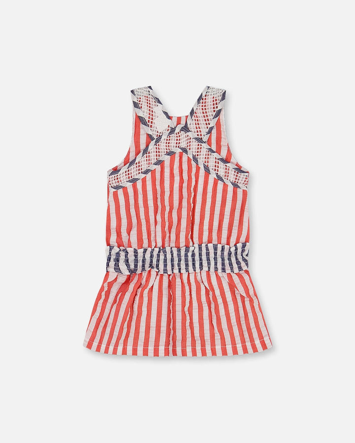 Sleeveless Seersucker Tunic Red, White, And Black