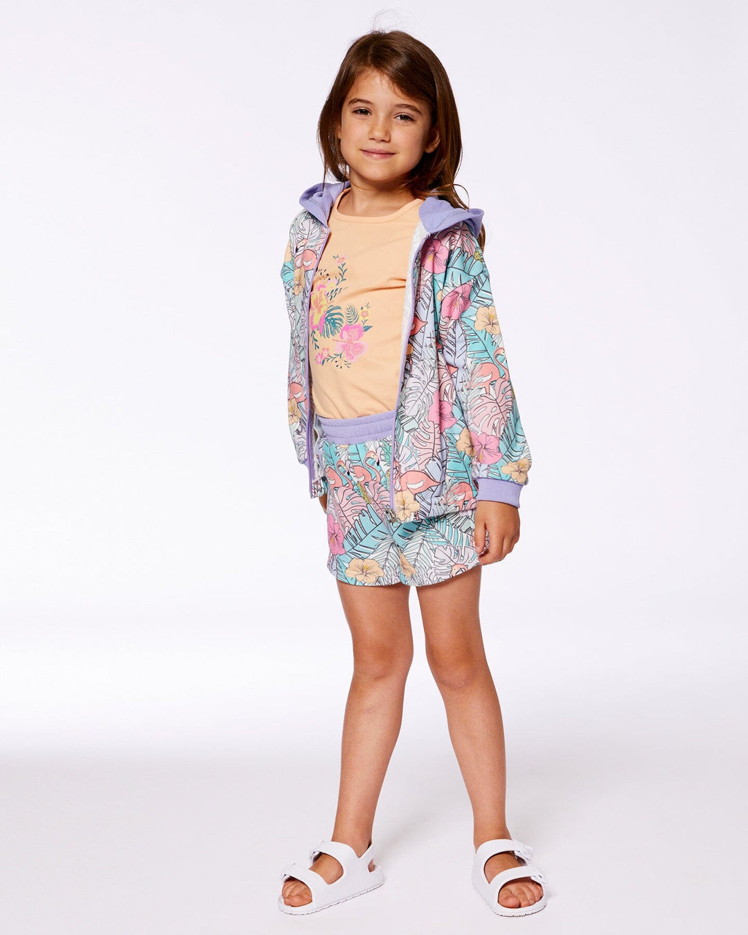Printed French Terry Short Lilac Tropical And Pink Flamingos
