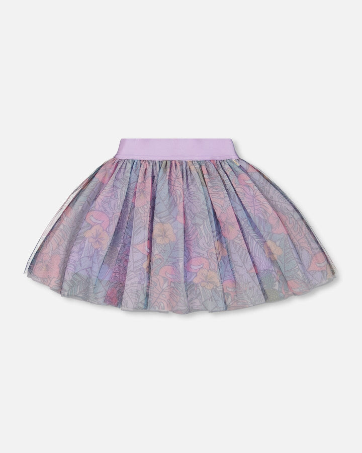 Printed Mesh Skirt Lilac Tropical And Pink Flamingos