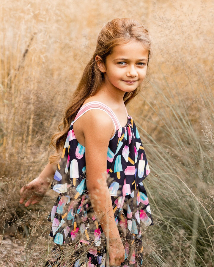 Printed Tiered Dress Ice Lollipops And Black