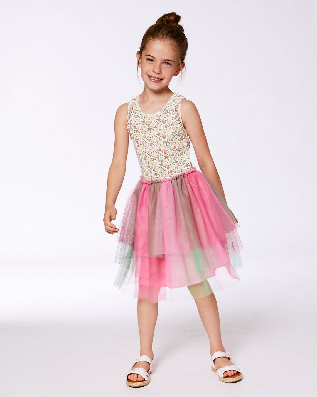 Bi-Material Cotton And Mesh Dress Small Flowers And Multicolored Gradient Skirt