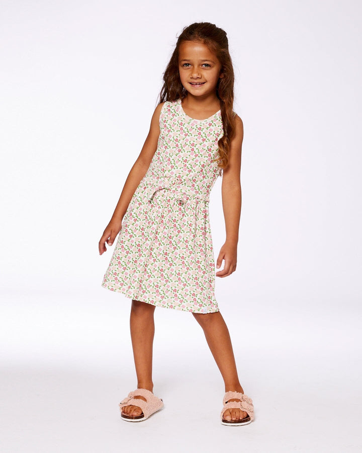 Printed Ribbed Dress With Waist Tie Small Flowers On White Background