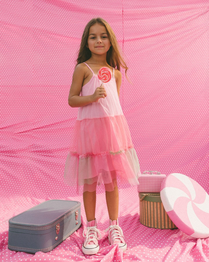 Sleeveless Color Block Tulle Dress Pink And Green