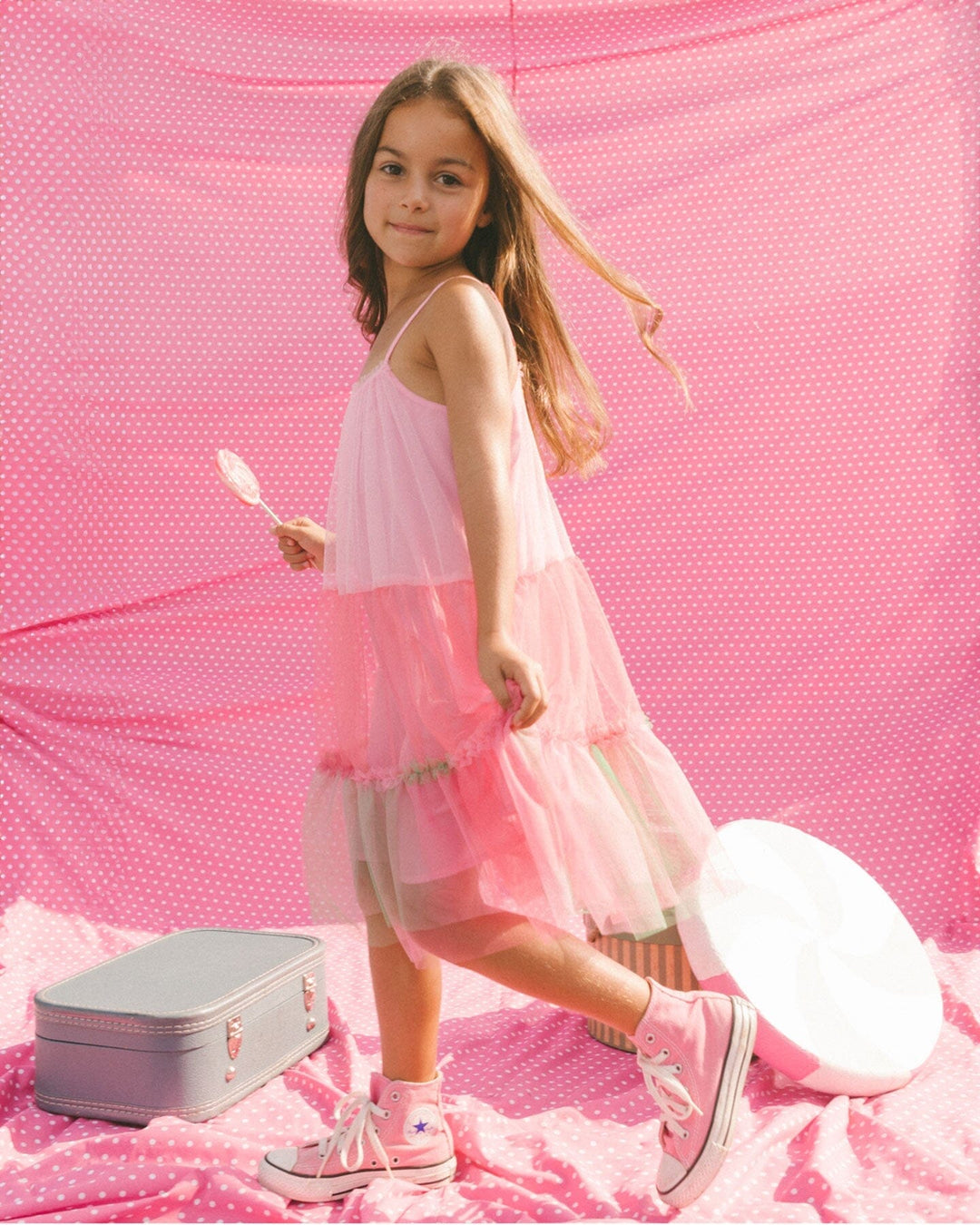 Sleeveless Color Block Tulle Dress Pink And Green
