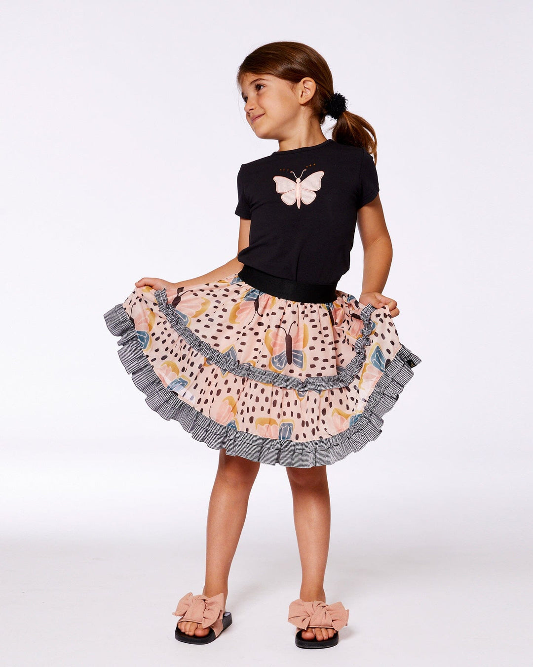 Printed Ruffle Skirt Black And Pink Butterflies