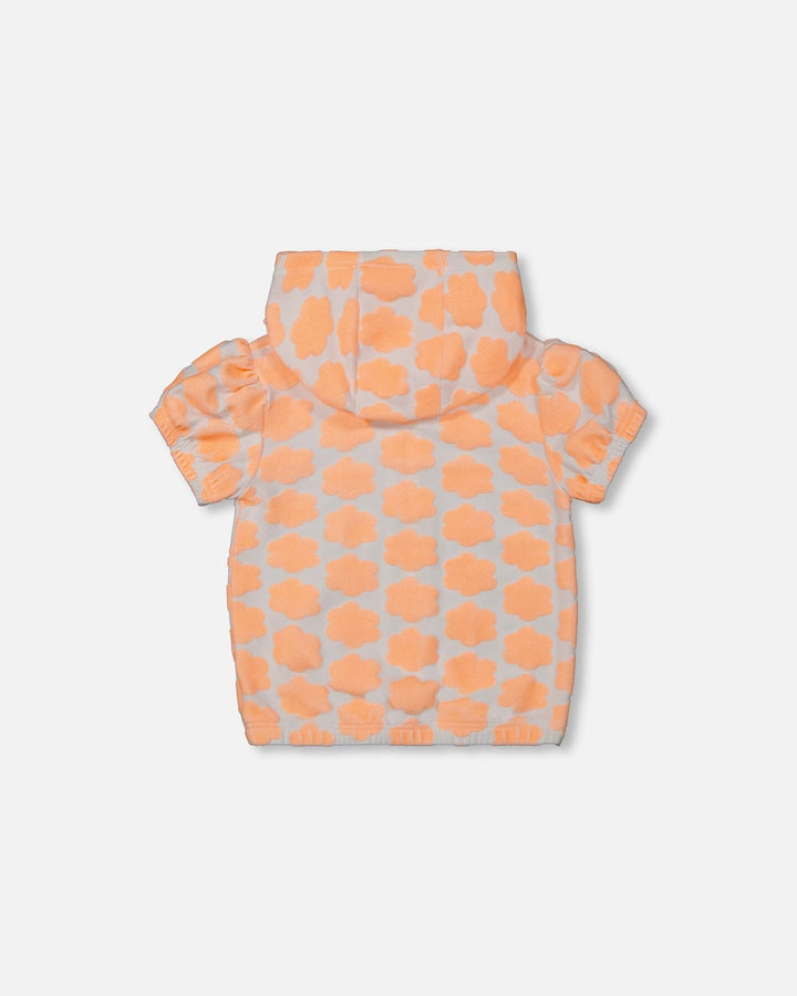 Printed Terry Short Sleeve Hoodie Cardigan Vibrant Orange And White