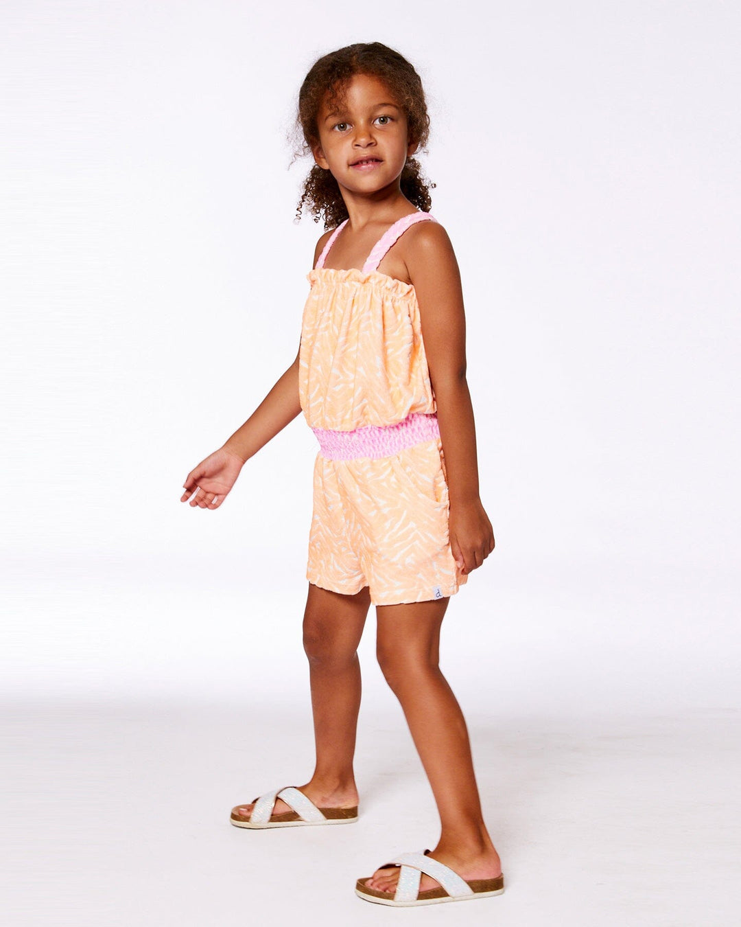 Printed Terry Cloth Romper Vibrant Orange And White