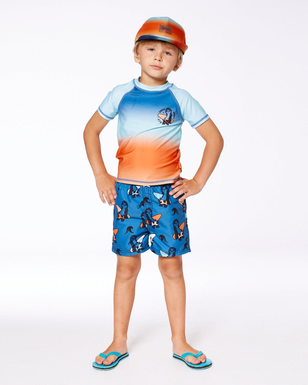 Short Sleeve Rashguard Navy Blue, Turquoise, And Orange