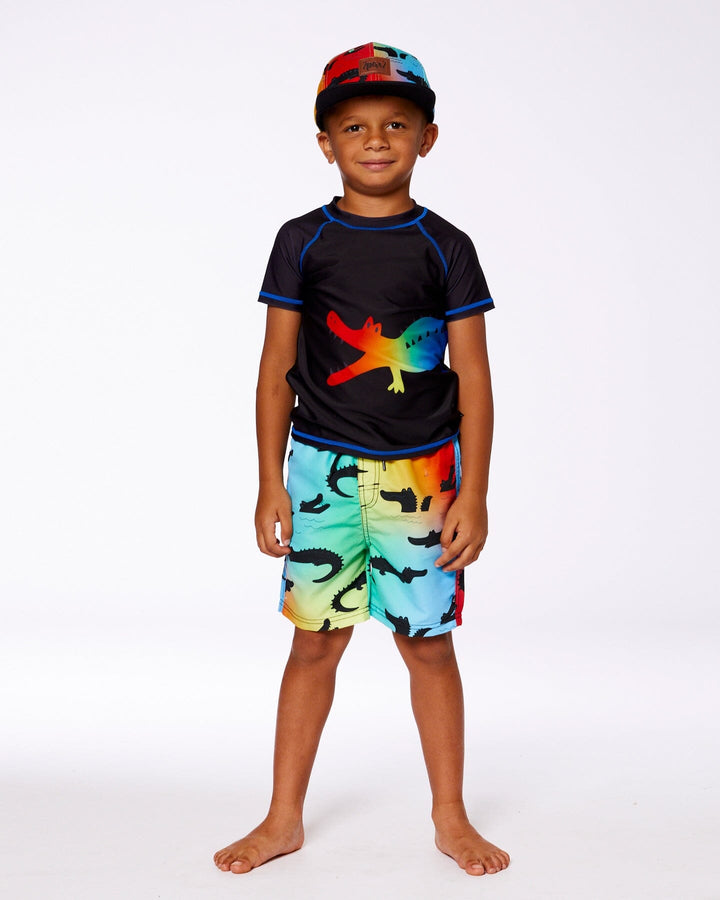 Short Sleeve Rashguard Black And Multicolored Crocodiles