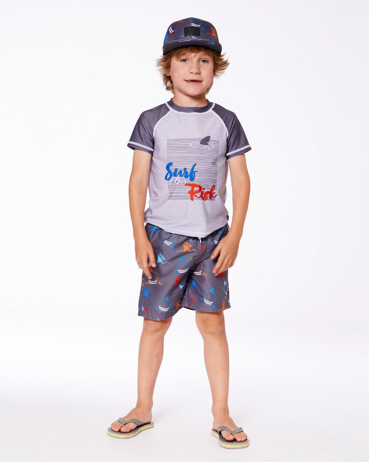 Printed Boardshorts Orange, Red, And Blue Sharks On Gray