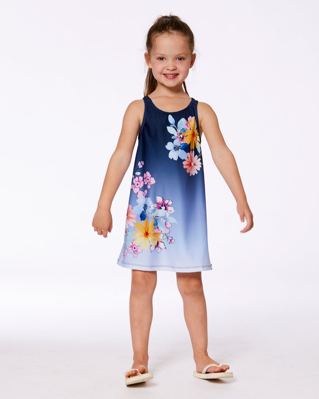 Printed Beach Dress Yellow, Pink Flowers On Navy Blue Background