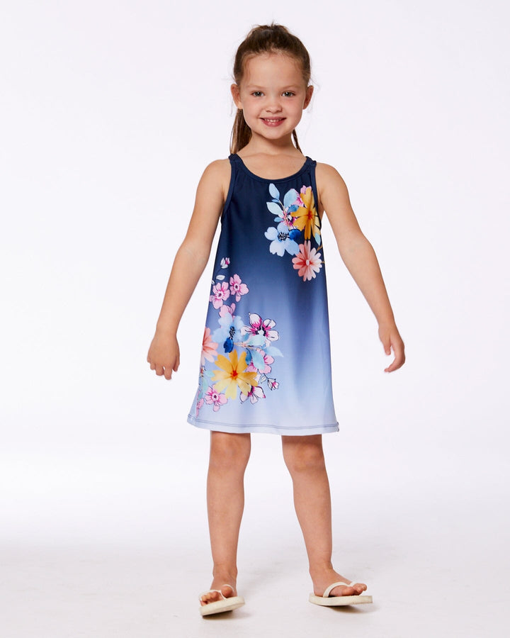 Printed Beach Dress Yellow, Pink Flowers On Navy Blue Background