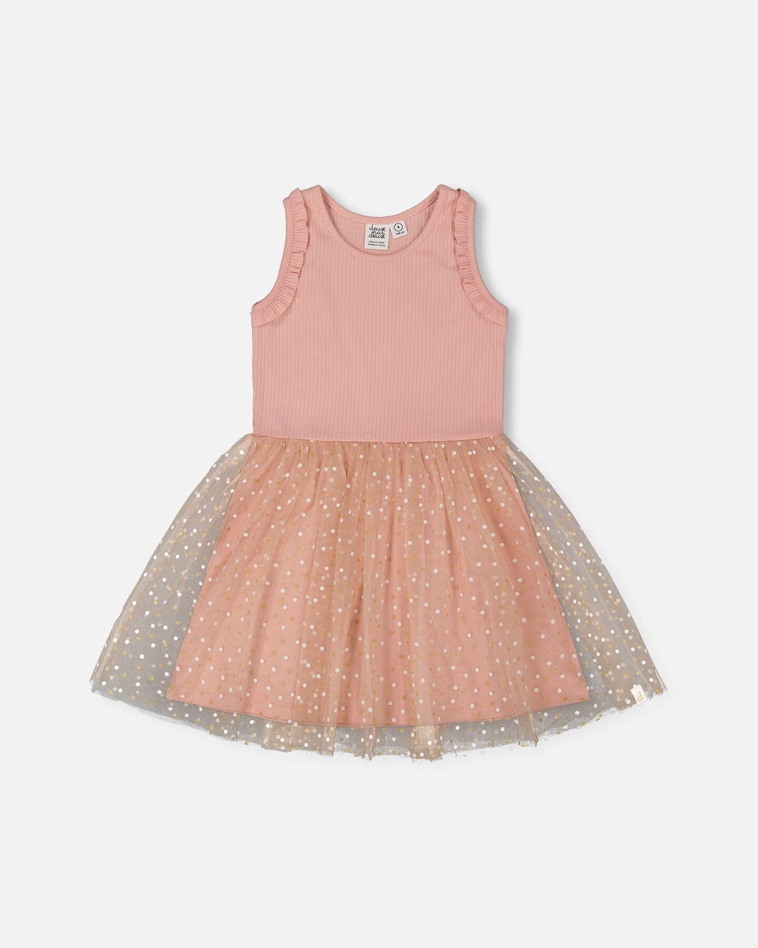 Bi-Material Dress With Printed Dots On Mesh Skirt Warm Old Pink