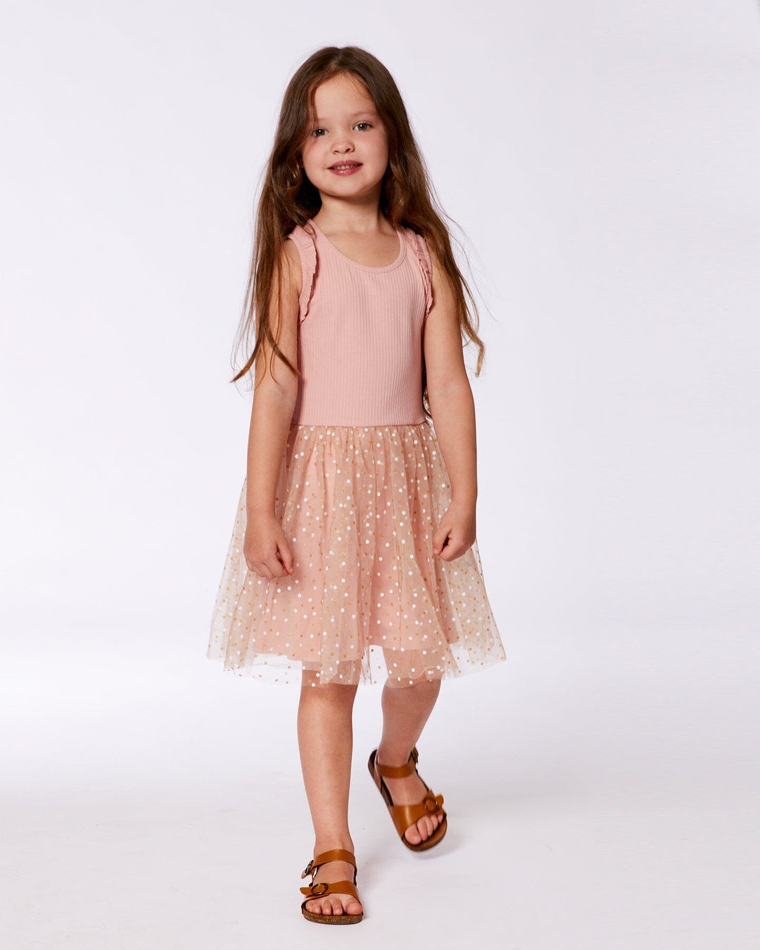 Bi-Material Dress With Printed Dots On Mesh Skirt Warm Old Pink