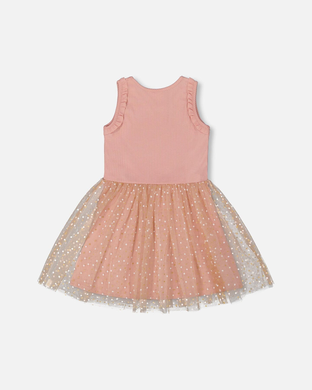 Bi-Material Dress With Printed Dots On Mesh Skirt Warm Old Pink