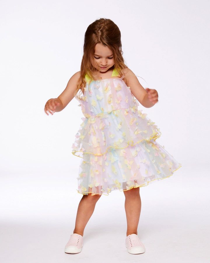 Tiered Printed Mesh Dress Multicolored With Butterflies