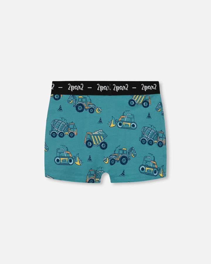Printed Organic Cotton Boxer Shorts Teal With Yellow Truck