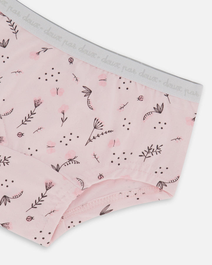Printed Organic Cotton Boyshort Panty Small Pink Flowers On Pale Pink Background