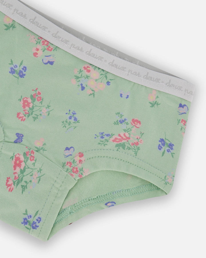 Printed Organic Cotton Boyshort Panty Small Pink And Blue Flowers On Light Sage