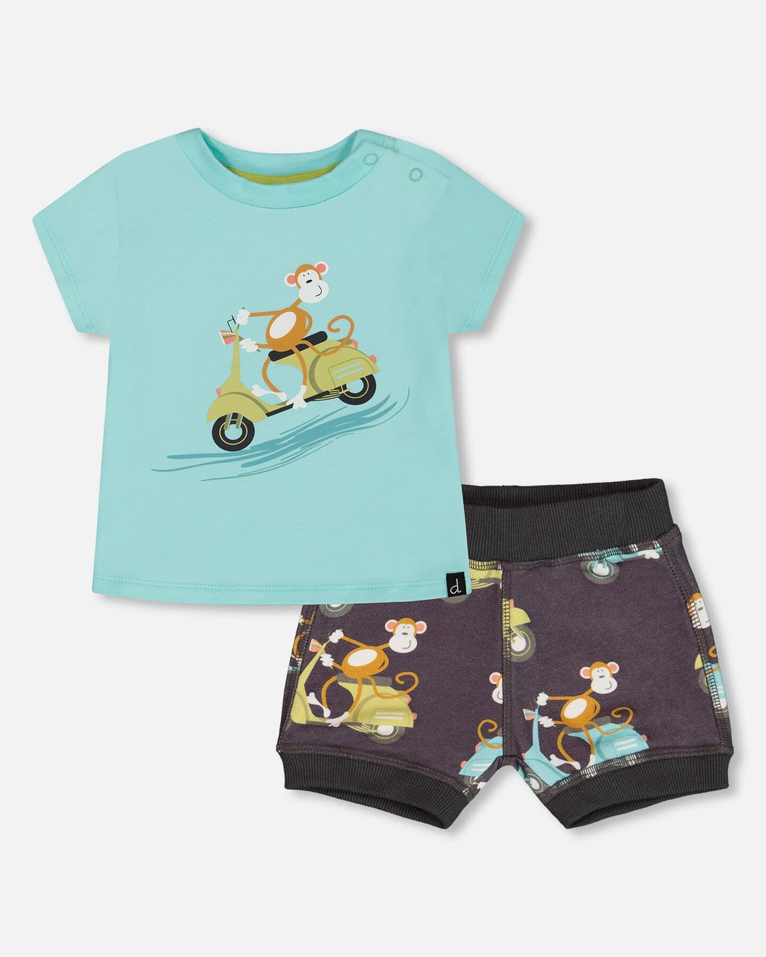 Two-Piece Top And Short Set Monkey On Navy And Turquoise Moped