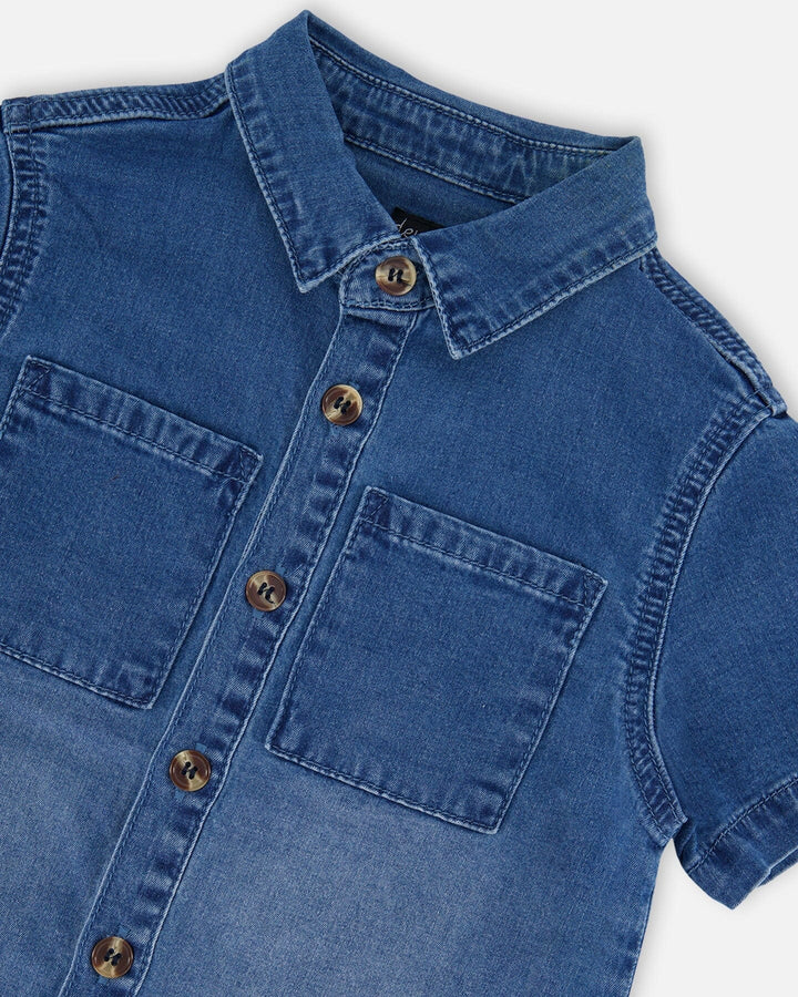 Short Sleeve Button Down Shirt Dark Denim Blue