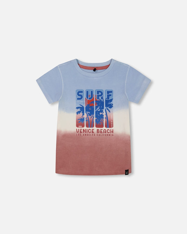Short Sleeve Organic Cotton Graphic Tee Gradient Pale Blue And Dark Old Rose