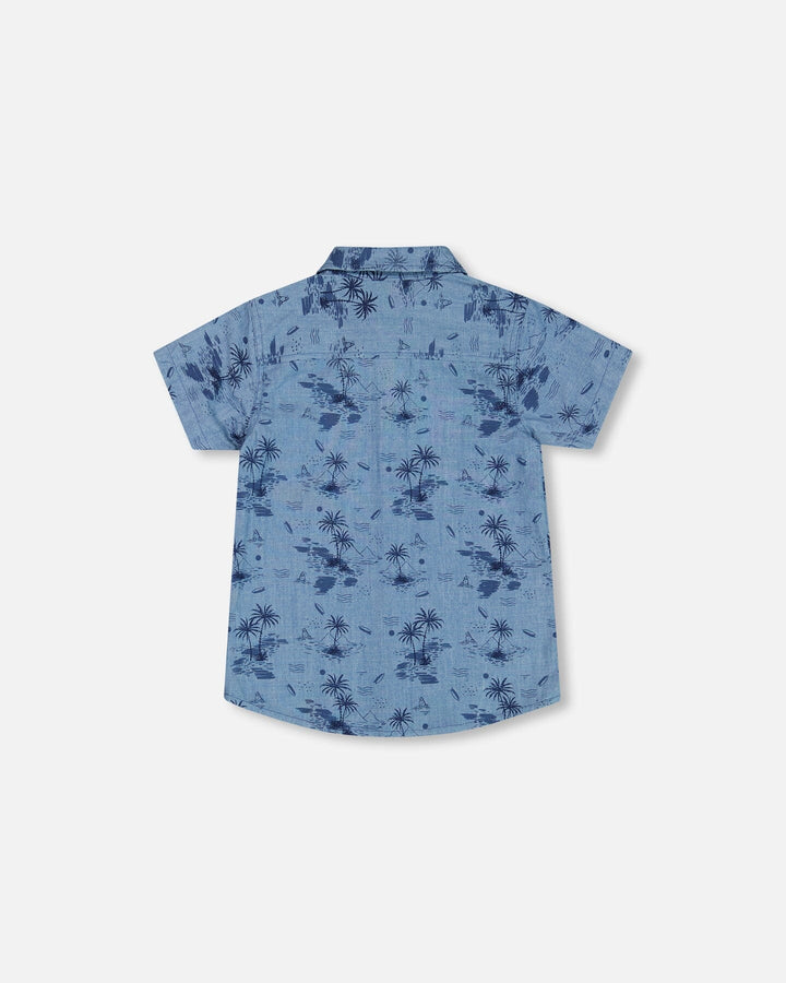 Printed Chambray Short Sleeve Shirt Pale Blue And Navy