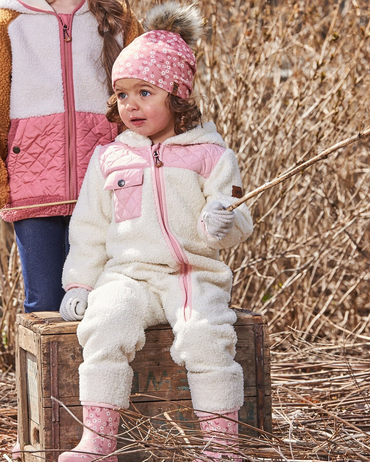 Printed Jersey Detachable Pompom Hat Small White Flowers On Pale Pink