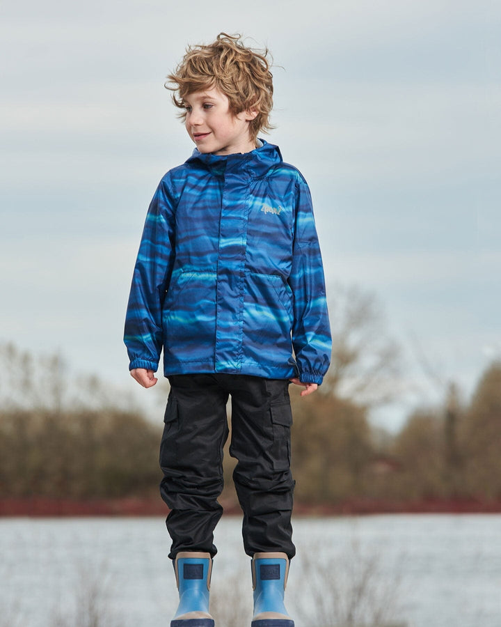 Printed Packable Windbreaker Blue Wave And Black