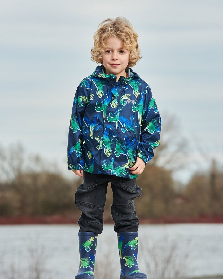 Printed Packable Windbreaker Blue And Green Dino On Navy