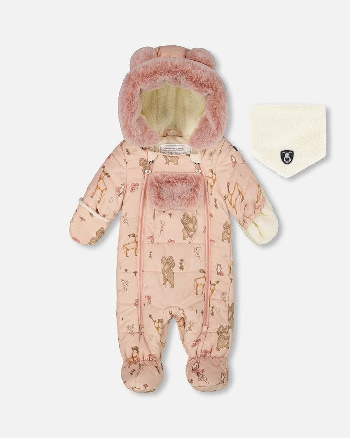 One-Piece Baby Layette Snowsuit Designed For Car Seat Pink Printed Animal