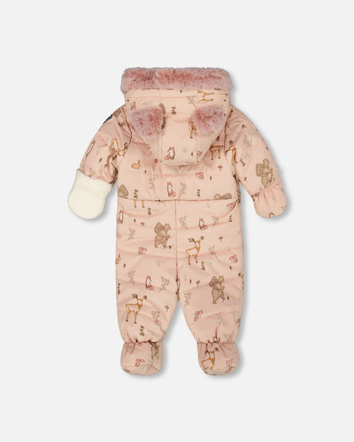 One-Piece Baby Layette Snowsuit Designed For Car Seat Pink Printed Animal