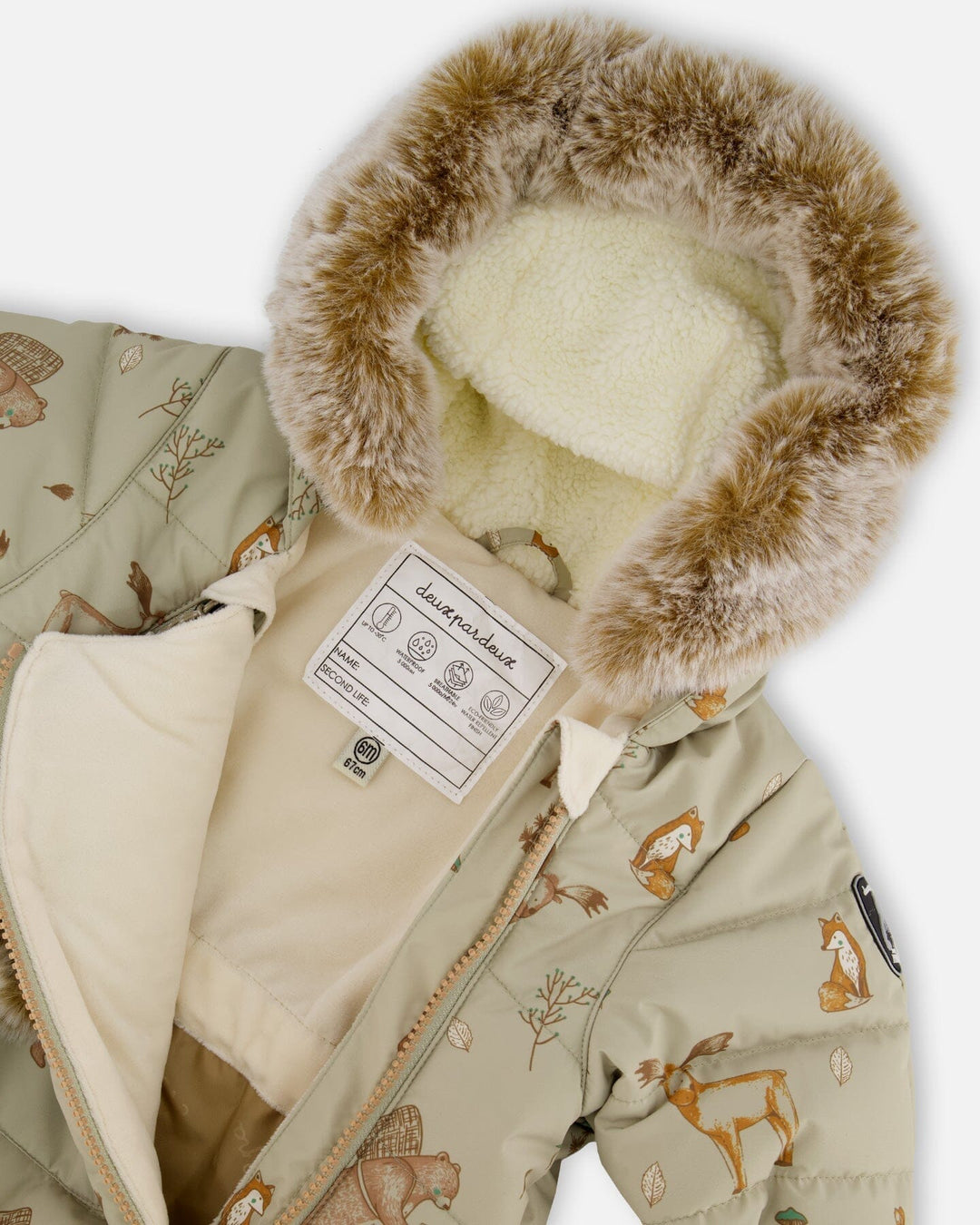One-Piece Baby Layette Snowsuit Designed For Car Seat Green Animal Print