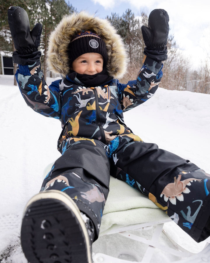 One-Piece Play Snowsuit Black Dinosaur Print
