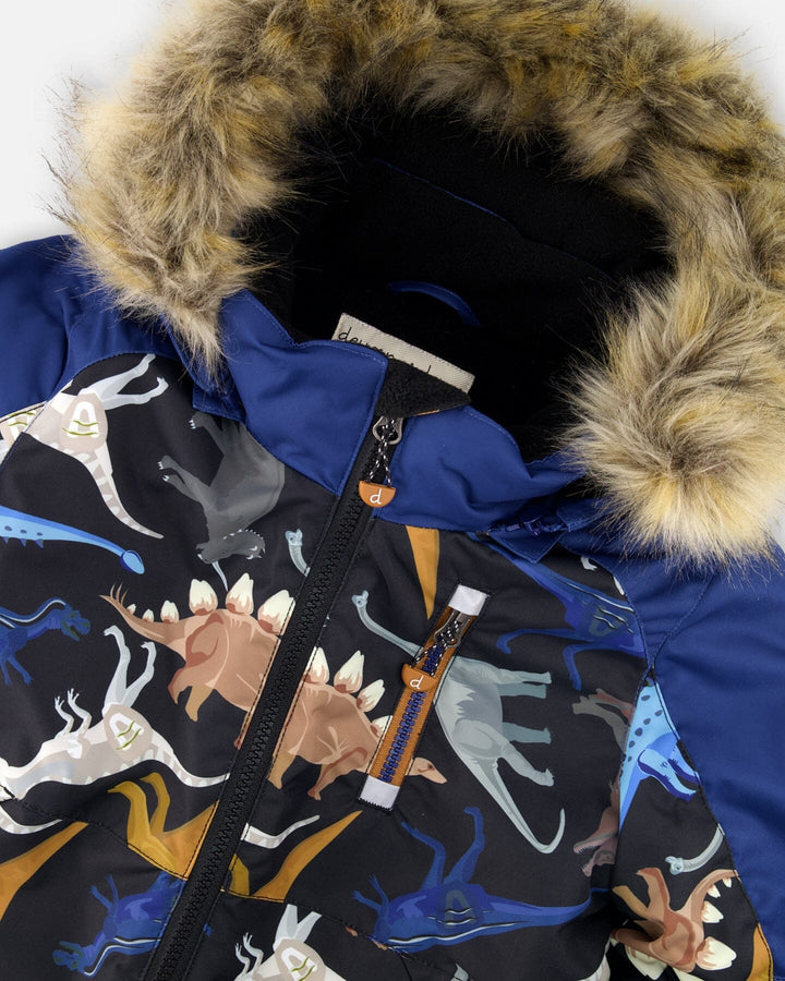 One-Piece Play Snowsuit Black Dinosaur Print