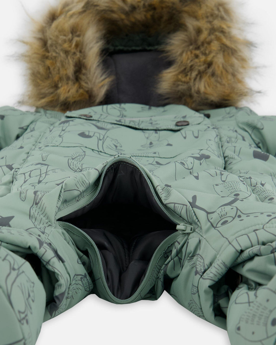 One-Piece Baby Play Snowsuit Designed For Car Seat Sage Animal Print